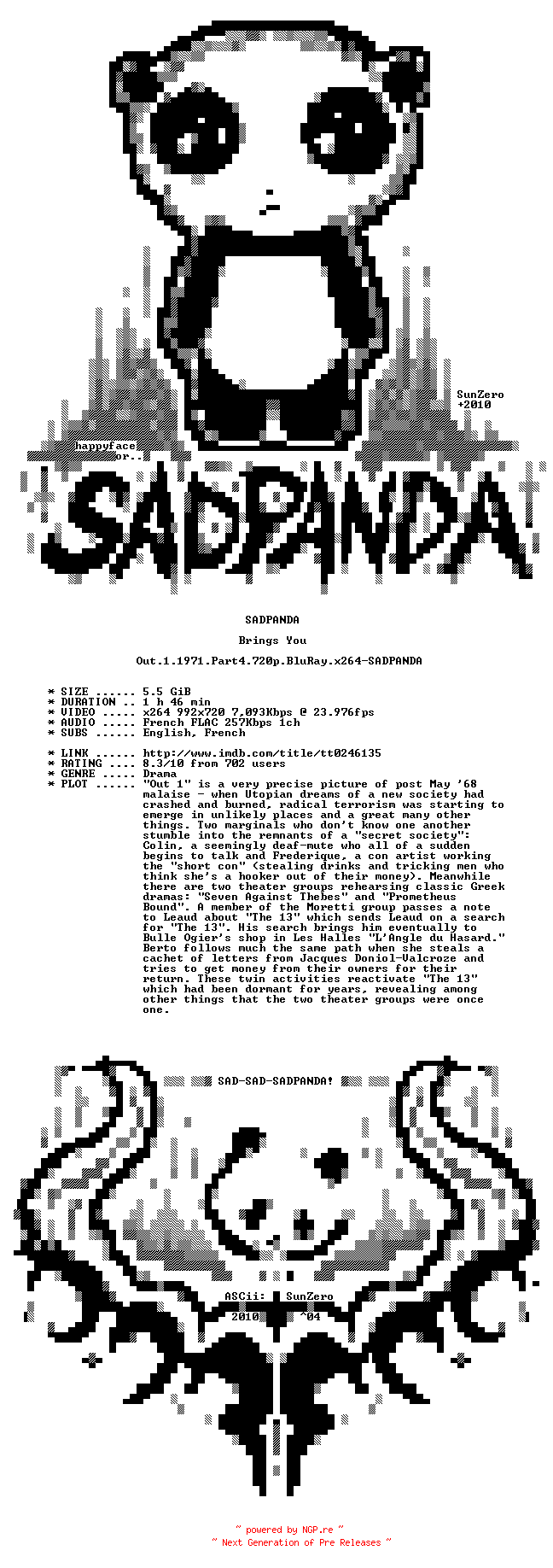 NFO for the release Out.1.1971.Part4.720p.BluRay.x264-SADPANDA by SADPANDA
