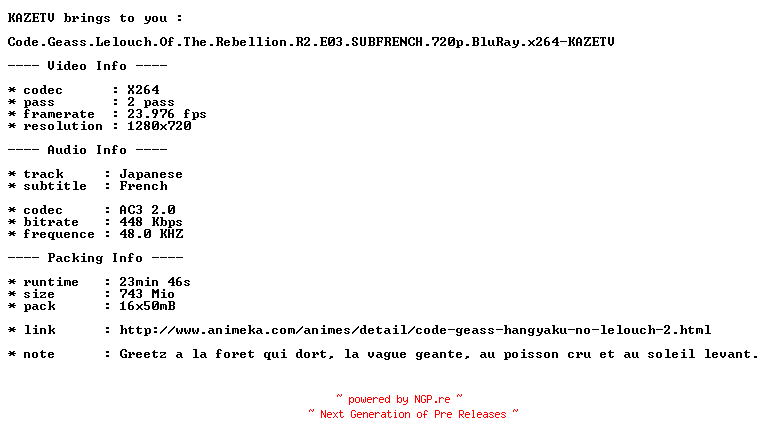 NFO for the release Code.Geass.Lelouch.Of.The.Rebellion.R2.E03.SUBFRENCH.720p.BluRay.x264-KAZETV by KAZETV