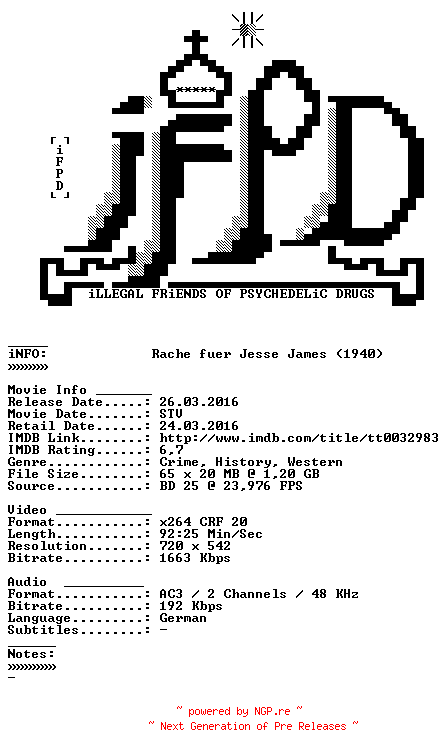 NFO for the release Rache.fuer.Jesse.James.German.1940.AC3.BDRiP.x264-iFPD by iFPD