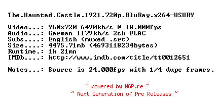 NFO for the release The.Haunted.Castle.1921.720p.BluRay.x264-USURY by USURY