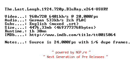 NFO for the release The.Last.Laugh.1924.720p.BluRay.x264-USURY by USURY