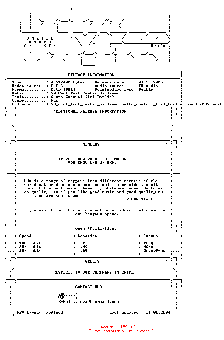 NFO for the release 50_cent_feat_curtis_williams-outta_control_(trl_berlin)-svcd-2005-uva by uva