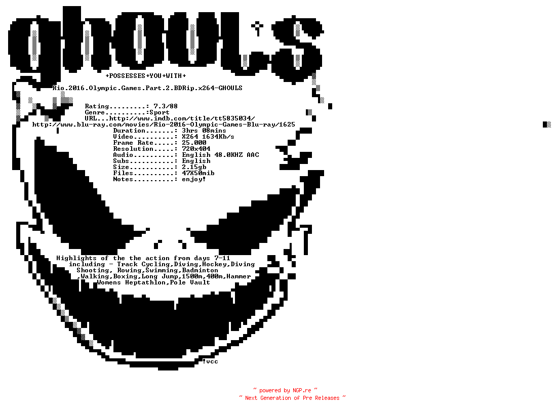 NFO for the release Rio.2016.Olympic.Games.Part.2.BDRip.x264-GHOULS by GHOULS