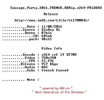 NFO for the release Sausage.Party.2016.FRENCH.BDRip.x264-PRiDEHD by PRiDEHD
