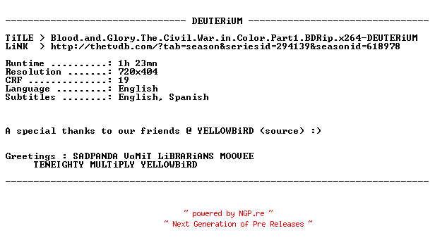 NFO for the release Blood.and.Glory.The.Civil.War.in.Color.Part1.BDRip.x264-DEUTERiUM by DEUTERiUM