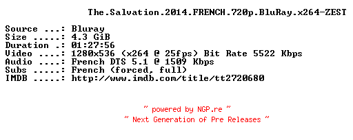 NFO for the release The.Salvation.2014.FRENCH.720p.BluRay.x264-ZEST by ZEST