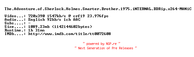NFO for the release The.Adventure.of.Sherlock.Holmes.Smarter.Brother.1975.iNTERNAL.BDRip.x264-MANiC by MANiC