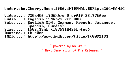 NFO for the release Under.the.Cherry.Moon.1986.iNTERNAL.BDRip.x264-MANiC by MANiC