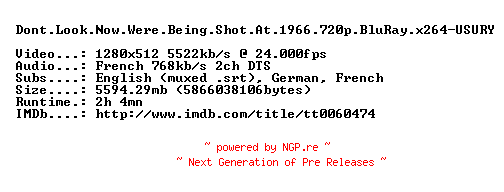 NFO for the release Dont.Look.Now.Were.Being.Shot.At.1966.720p.BluRay.x264-USURY by USURY
