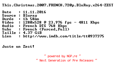 NFO for the release This.Christmas.2007.FRENCH.720p.BluRay.x264-ZEST by ZEST
