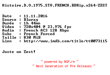 NFO for the release Histoire.D.O.1975.STV.FRENCH.BDRip.x264-ZEST by ZEST