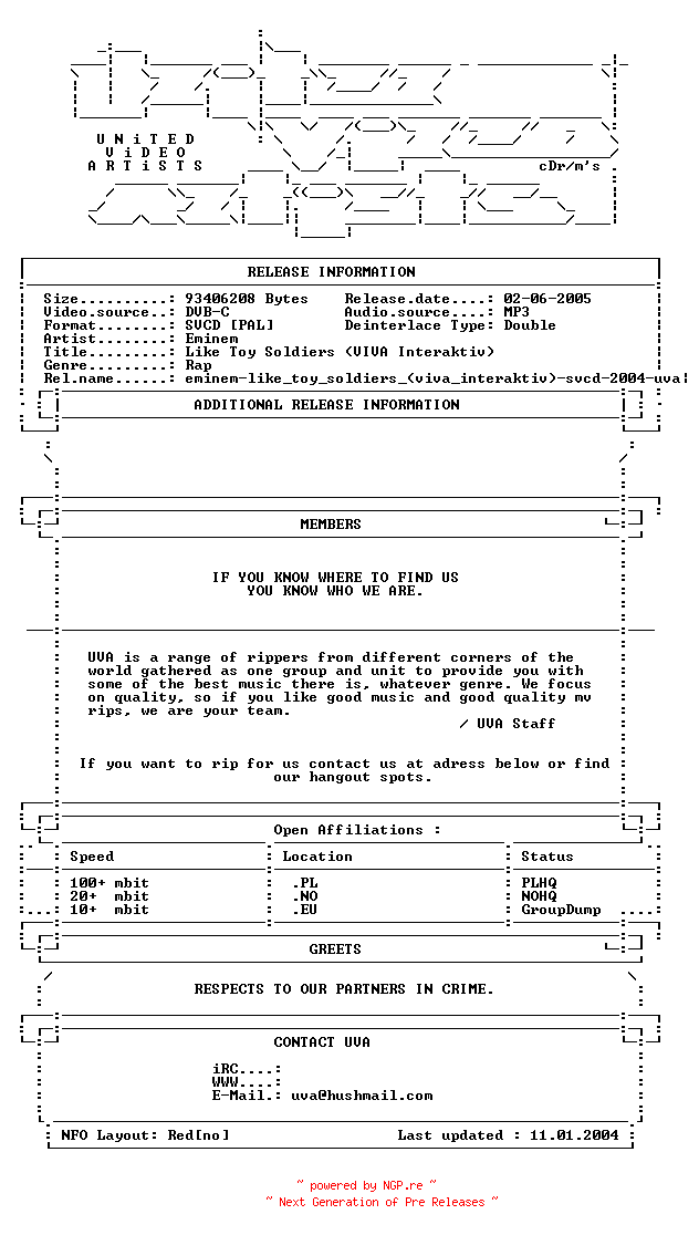 NFO for the release Eminem-like_toy_soldiers_(viva_interaktiv)-svcd-2004-uva by uva