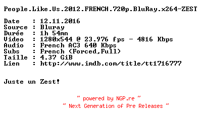 NFO for the release People.Like.Us.2012.FRENCH.720p.BluRay.x264-ZEST by ZEST