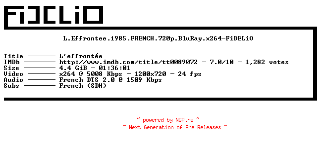 NFO for the release L.Effrontee.1985.FRENCH.720p.BluRay.x264-FiDELiO by FiDELiO