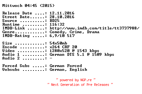 NFO for the release Mittwoch.04.45.2015.German.720p.BluRay.x264-SPiCY by SPiCY