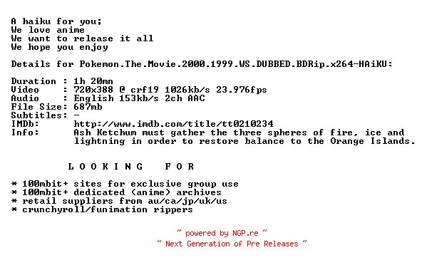 NFO for the release Pokemon.The.Movie.2000.1999.WS.DUBBED.BDRip.x264-HAiKU by HAiKU