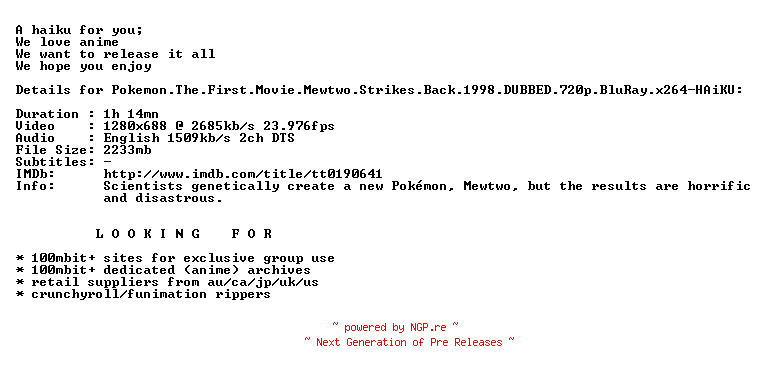 NFO for the release Pokemon.The.First.Movie.Mewtwo.Strikes.Back.1998.DUBBED.720p.BluRay.x264-HAiKU by HAiKU
