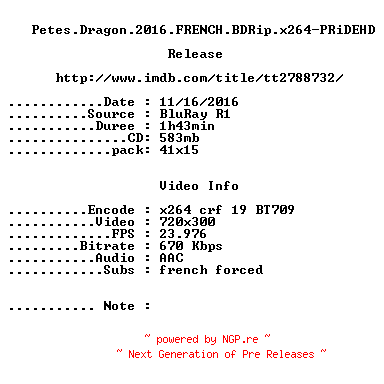 NFO for the release Petes.Dragon.2016.FRENCH.BDRip.x264-PRiDEHD by PRiDEHD