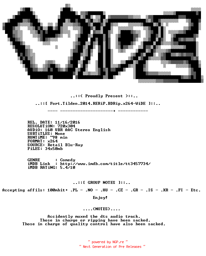NFO for the release Fort.Tilden.2014.RERiP.BDRip.x264-WiDE by WiDE