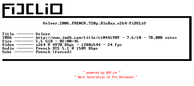 NFO for the release Volver.2006.FRENCH.720p.BluRay.x264-FiDELiO by FiDELiO