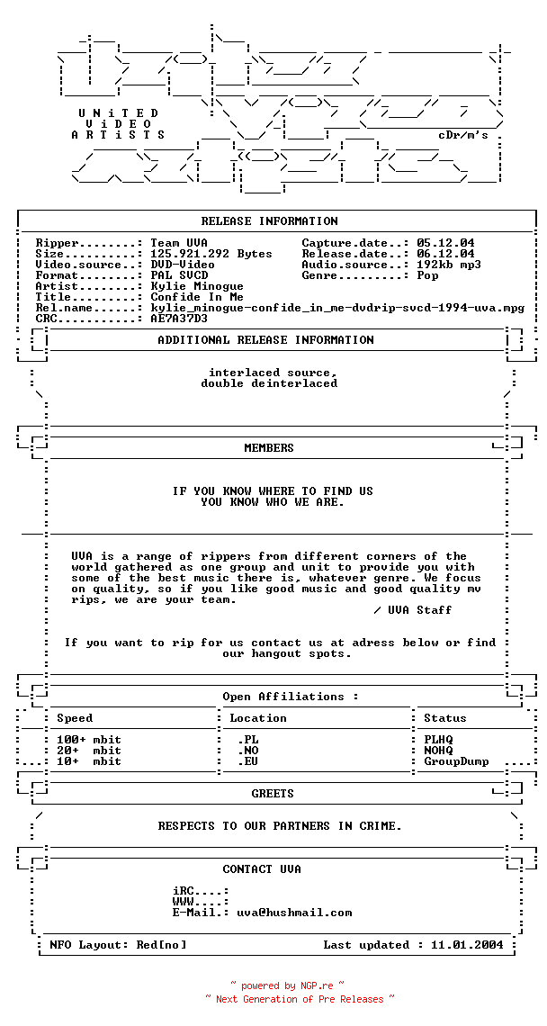NFO for the release Kylie_minogue-confide_in_me-dvdrip-svcd-1994-uva by uva