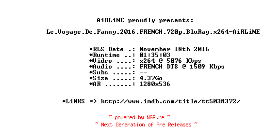 NFO for the release Le.Voyage.De.Fanny.2016.FRENCH.720p.BluRay.x264-AiRLiNE by AiRLiNE