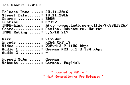NFO for the release Ice.Sharks.Der.Tod.hat.rasiermesserscharfe.Zaehne.German.2016.AC3.BDRip.x264-SPiCY by SPiCY