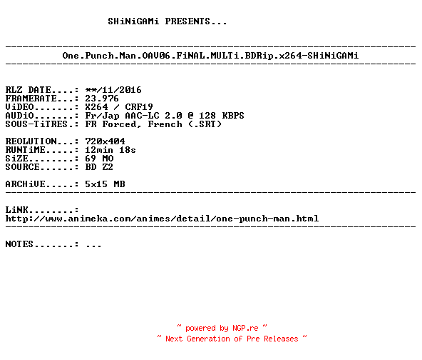 NFO for the release One.Punch.Man.OAV06.FiNAL.MULTi.BDRip.x264-SHiNiGAMi by SHiNiGAMi