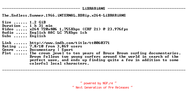 NFO for the release The.Endless.Summer.1966.iNTERNAL.BDRip.x264-LiBRARiANS by LiBRARiANS