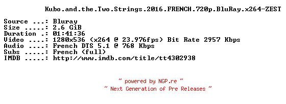 NFO for the release Kubo.and.the.Two.Strings.2016.FRENCH.720p.BluRay.x264-ZEST by ZEST