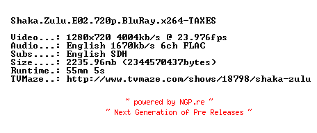 NFO for the release Shaka.Zulu.E02.720p.BluRay.x264-TAXES by TAXES