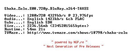 NFO for the release Shaka.Zulu.E08.720p.BluRay.x264-TAXES by TAXES