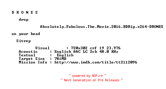 NFO for the release Absolutely.Fabulous.The.Movie.2016.BDRip.x264-DRONES by DRONES