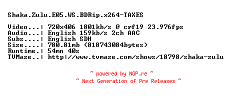 NFO for the release Shaka.Zulu.E05.WS.BDRip.x264-TAXES by TAXES