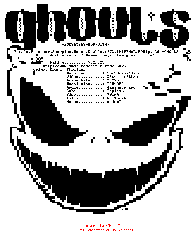 NFO for the release Female.Prisoner.Scorpion.Beast.Stable.1973.INTERNAL.BDRip.x264-GHOULS by GHOULS