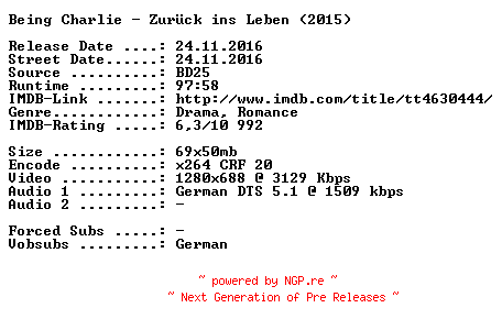 NFO for the release Being.Charlie.Zurueck.ins.Leben.2015.German.720p.BluRay.x264-SPiCY by SPiCY