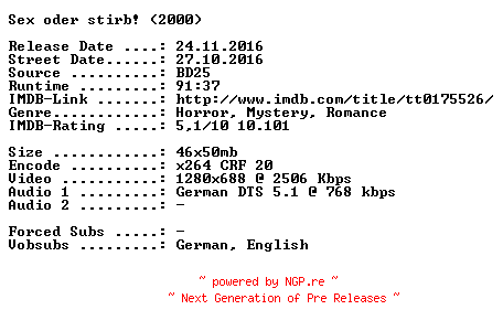 NFO for the release Sex.oder.stirb.2000.German.720p.BluRay.x264-SPiCY by SPiCY