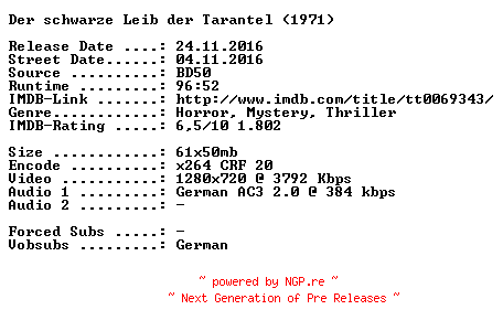 NFO for the release Der.schwarze.Leib.der.Tarantel.1971.German.720p.BluRay.x264-SPiCY by SPiCY