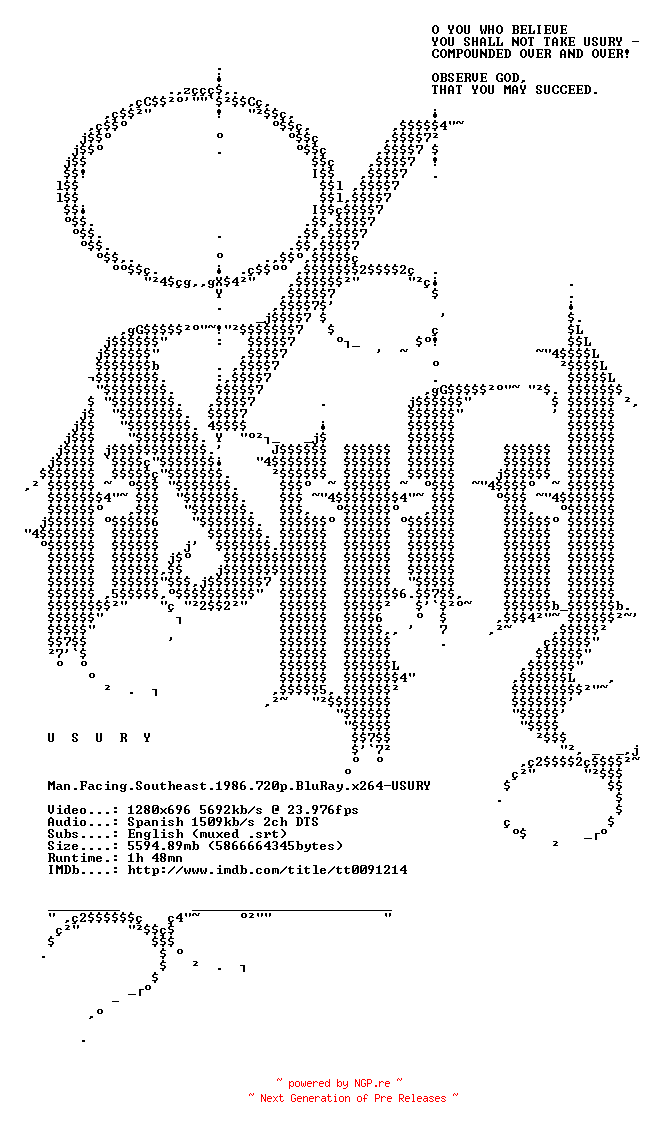 NFO for the release Man.Facing.Southeast.1986.720p.BluRay.x264-USURY by USURY