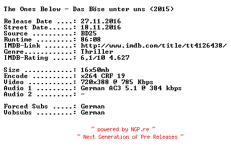 NFO for the release The.Ones.Below.Das.Boese.unter.uns.German.2015.AC3.BDRip.x264-SPiCY by SPiCY