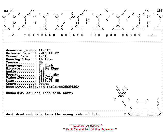 NFO for the release Jeunesse.perdue.1961.RERiP.720p.BluRay.x264-RAiNDEER by RAiNDEER