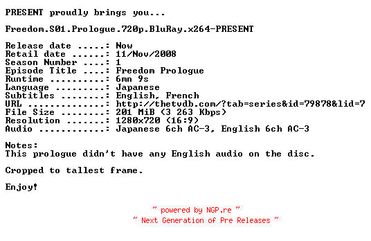 NFO for the release Freedom.S01.Prologue.720p.BluRay.x264-PRESENT by PRESENT