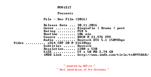 NFO for the release Pele.Der.Film.2016.German.720p.BluRay.x264-MOViEiT by MOViEiT