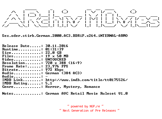 NFO for the release Sex.oder.stirb.German.2000.AC3.BDRiP.x264.iNTERNAL-ARMO by ARMO