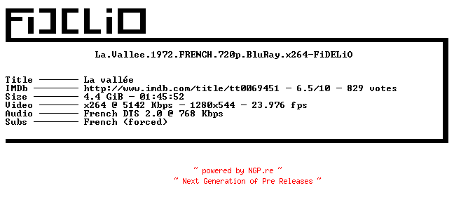 NFO for the release La.Vallee.1972.FRENCH.720p.BluRay.x264-FiDELiO by FiDELiO