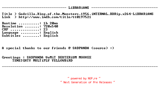NFO for the release Godzilla.King.of.the.Monsters.1956.iNTERNAL.BDRip.x264-LiBRARiANS by LiBRARiANS