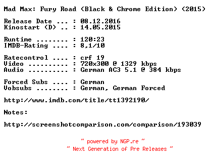 NFO for the release Mad.Max.Fury.Road.Black.and.Chrome.Edition.German.2015.AC3.BDRip.x264-COiNCiDENCE by COiNCiDENCE