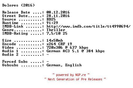 NFO for the release Dolores.German.2016.AC3.BDRip.x264-SPiCY by SPiCY