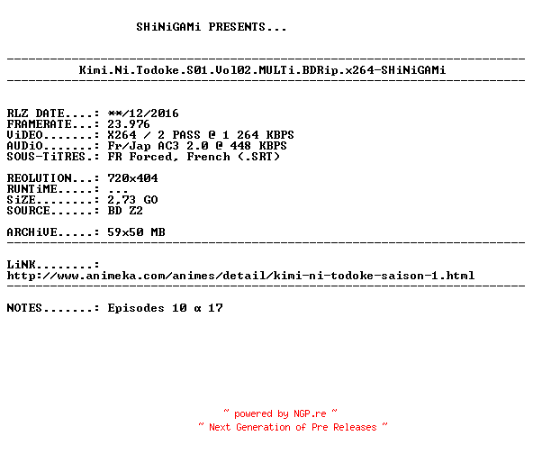NFO for the release Kimi.Ni.Todoke.S01.Vol02.MULTi.BDRip.x264-SHiNiGAMi by SHiNiGAMi