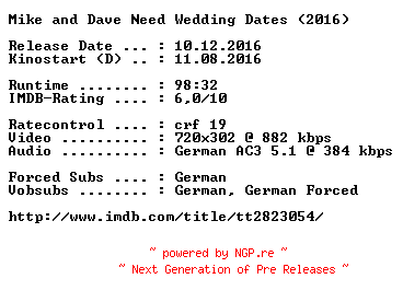 NFO for the release Mike.and.Dave.Need.Wedding.Dates.German.2016.AC3.BDRip.x264-COiNCiDENCE by COiNCiDENCE